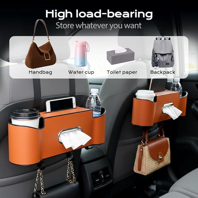 3-in-1 Car Backseat Organizer, 2026 New Multifunctional Back Seat Car Organizer with Cup Holder, Tissue Box, Trash Bin & Hooks for Hold Phones, Snacks, Drinks, Handbags (1, Red)