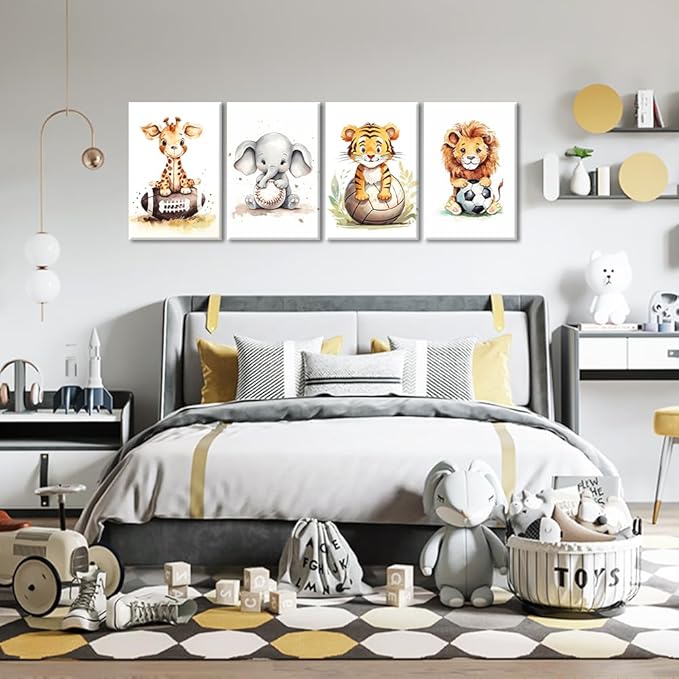 Nursery Animal Wall Art 4 Piece Cute Giraffe Elephant Tiger Lion Canvas Prints Sport Animals Paintings Watercolor Pictures for Kids Room Nursery Decor Frame(Animal-3,16.00" x 24.00" x 4Pcs)