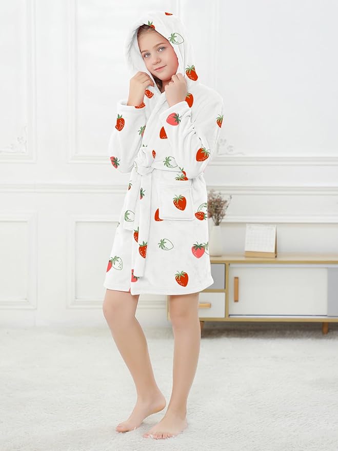 Umeyda Girls Fleece Hooded Robes, Warm Printed Bath Robe for Kids Soft Fuzzy Bathrobe for Gifts