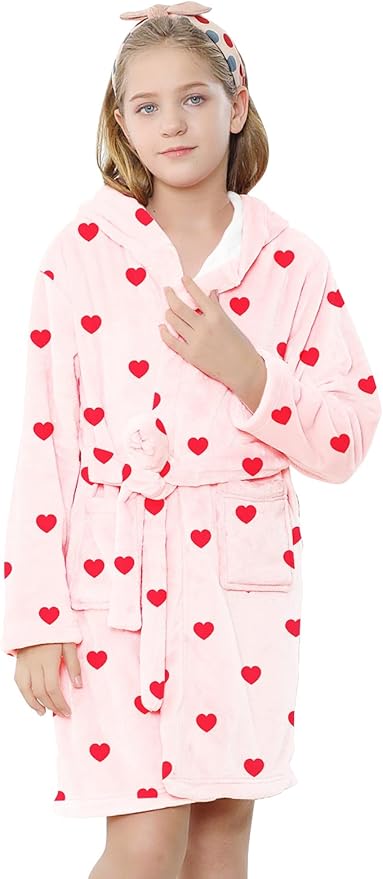 Umeyda Girls & Women Fleece Hooded Robes, Soft Fuzzy Bathrobe Warm Plush Fluffy Bath Robe for Kids Womens