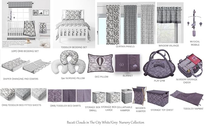 Bacati Clouds in The City 4 Pc Toddler Bedding Set, White/Grey