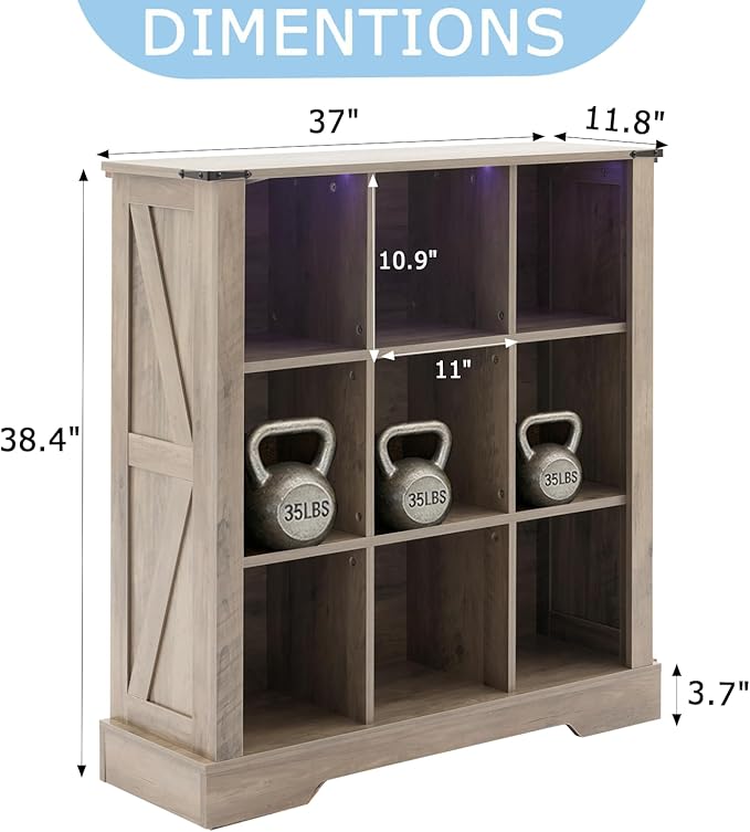 Puntogen 9 Cube Storage Organizer, Wood Cube Bookshelf with LED Lights, Horizontal Storage Cubes, Kids Bookshelf, Display Cabinet Cubby Shelf for Living Room Home Office Bedroom，Grey