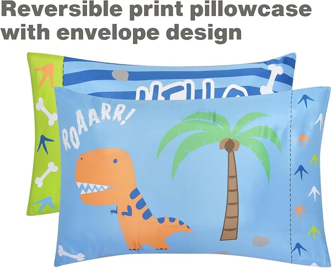 EVERYDAY KIDS 4 Piece Toddler Bedding Set – Roaring Dinosaurs - Includes Comforter, Flat Sheet, Fitted Sheet and Reversible Pillowcase – Boys Toddler Bedding