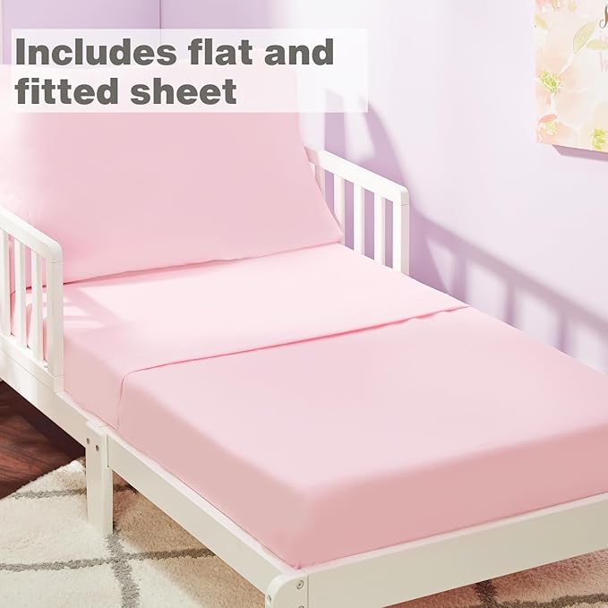 EVERYDAY KIDS 4 Piece Toddler Bedding Set - Includes Comforter, Flat Sheet, Fitted Sheet and Reversible Pillowcase - Solid Pink