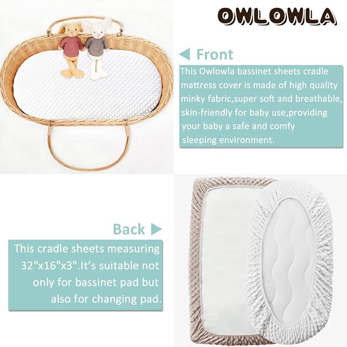 Owlowla Bassinet Sheet Set,Ultra Soft Minky Cradle Sheets Universal Fitted Bassinet Pad/Mattress for Baby Boys Girls(Ivory/Khaki)