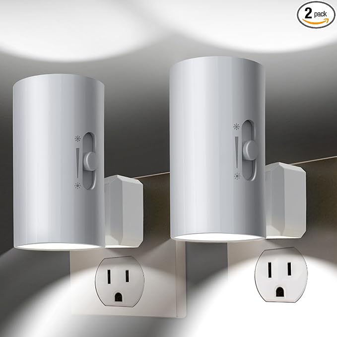 Modern Led Night Lights - Sensor Dusk To Dawn, 5000K Daylight White, Dimmable 0-100 LM, 2 Pack for Bathroom, Bedroom, Kitchen, Toilet, Hallway