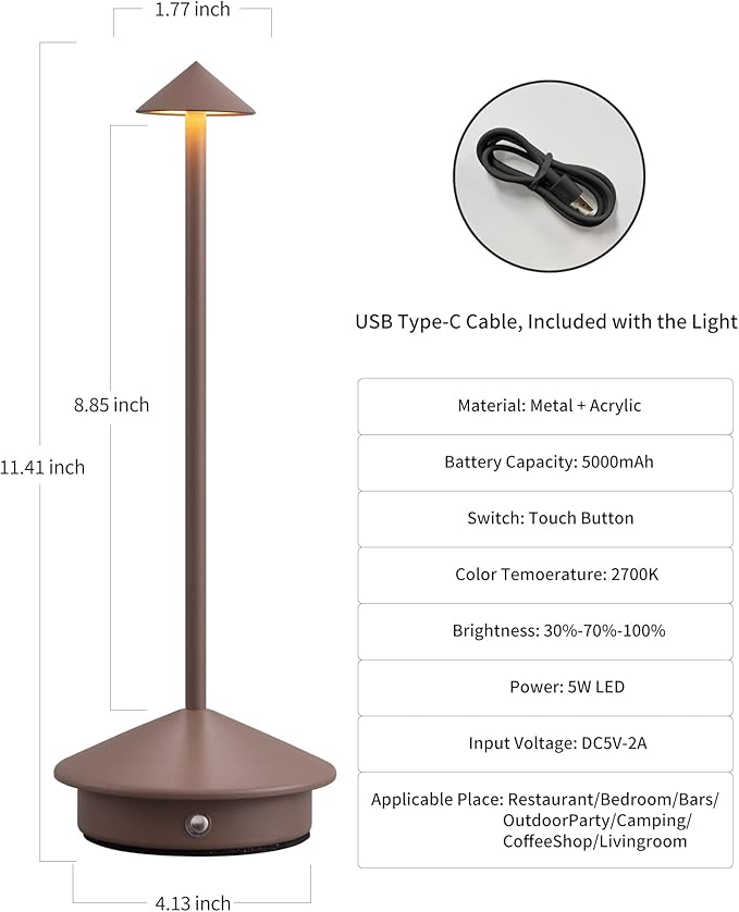 NEWSEE Modern Cordless Table Lamp Set of 2, Portable LED Desk Lamps, 5000mAh Rechargeable Battery Operated Lighting for Bedroom Dining Room Restaurant Coffee Shop Camping Night Light (Brown)