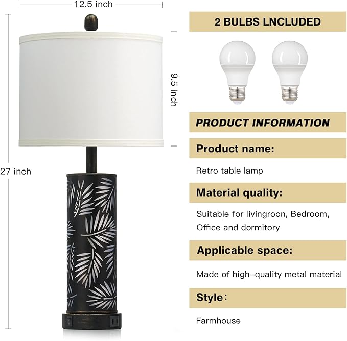 Cinkeda Set of 2 Rustic Table Lamps for Living Room Bedroom, Vintage Farmhouse Nightstand Lamp with 2 USB Ports, Hollow Out Black Metel Lamp for End Table with Nightlight (Retro Black)