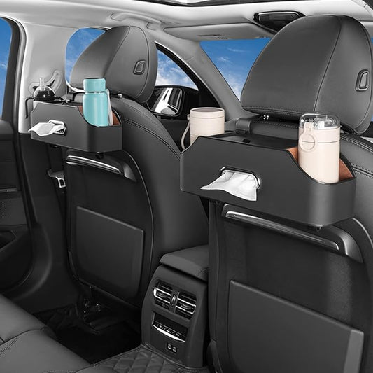 HALOYIVGO Car Seat Back Organizer - Stylish & Functional Storage for Family Adventures - Cup Holders, Tissue Box & Hooks - Perfect for Kids, Road Trips & Travel (Black)