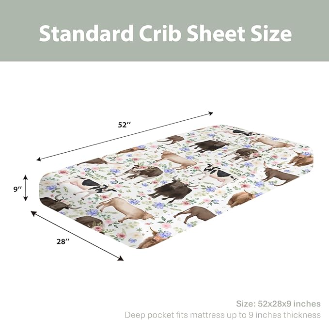 Highland Cows Boho Flowers Baby Crib Sheets for Boy Girl 52x28Inch Cows Breeds Farm Soft Snug Fitted Crib Mattress Cover Country Farmhouse Animal Baby Sheet for Crib and Toddler Bed Mattresses
