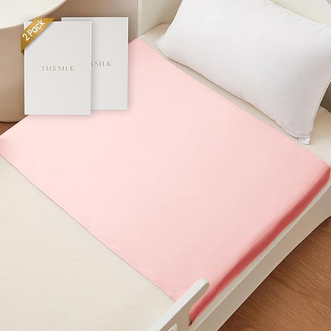 THXSILK 7A+ Grade 100% Mulberry Silk Crib Sleeve for Baby Girl Hairloss and Bald Spot, Toddler Sheet for Crib/Cot/Bassinet/Cradle Mattress 41.4inch*20.5inch, Charming Pink 2 Pack