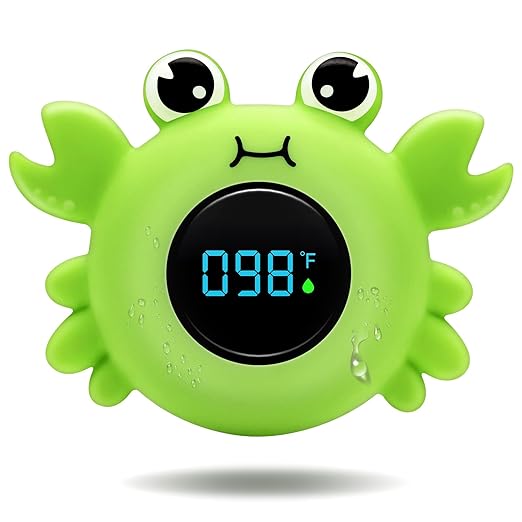 b&h Baby Bath Thermometer with LED Display, Newborn Water Temp Thermometer, Safety Water Sensor for Infants, Color-Coded Alerts, Tub Temperature Monitor, Cute Floating Bath Toy, Crab (Green)
