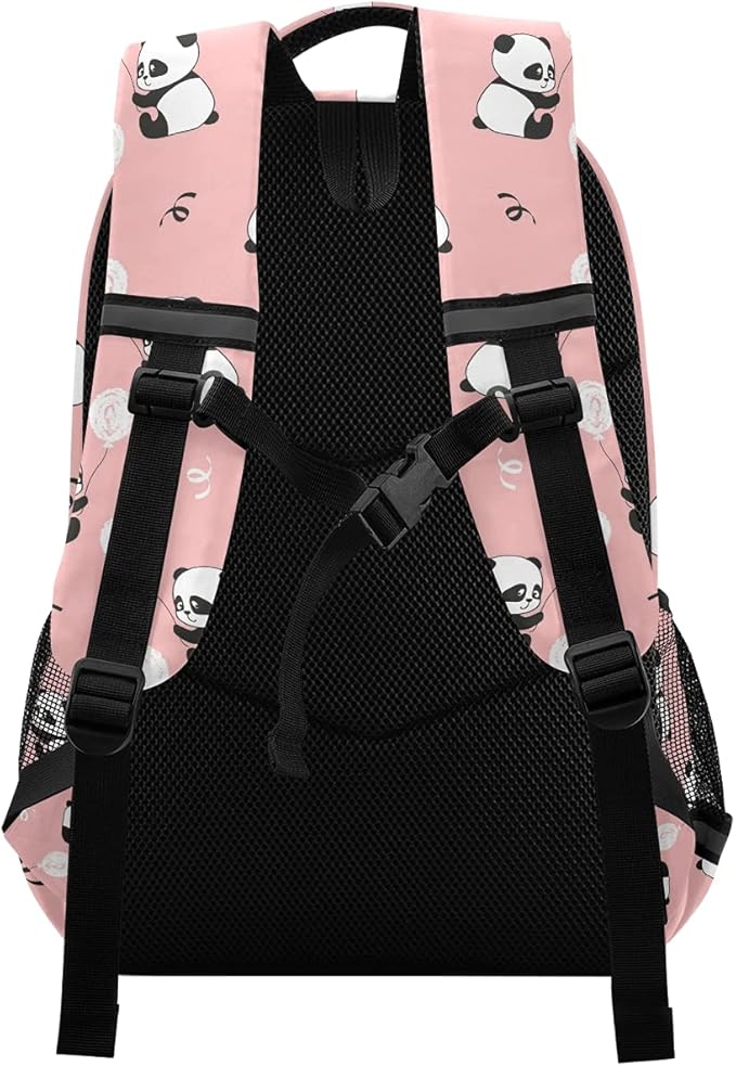 MNSRUU School Backpack with Chest Strap, Cute Panda Bears Balloons Laptop Backpack, Travel Hiking Backpack for Boys Girls, Rucksack, Knapsack One Size