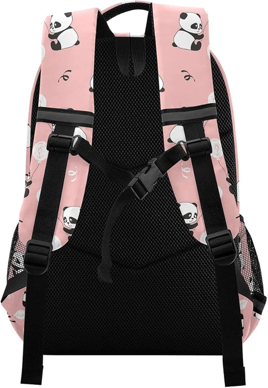 MNSRUU School Backpack with Chest Strap, Cute Panda Bears Balloons Laptop Backpack, Travel Hiking Backpack for Boys Girls, Rucksack, Knapsack One Size