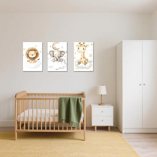 LZIMU Nursery Animal Canvas Wall Art 3 Pieces Cute Animal Baby Picture Prints Woodland Nursery Painting for Kids Boy Girls Room Decor Framed (White, 12x16inchx3 Pieces)