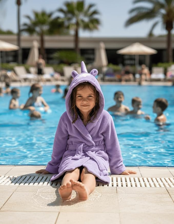 BAGNO MILANO Kids Organic Turkish Cotton Hooded Beach Cover-Up Towel, GOTS Certified, for Boys and Girls (Unicorn Purple, 3-4 Years)