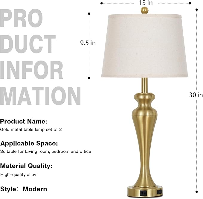 luxeflow 30" Gold Tall Table Lamps for Living Room, Touch Control Bedroom Lamp with USB A+C Ports and AC Outlet, 3-Way Dimmable Bedside Table Lamps Set of 2, Modern Metal Lamp for Nightstand