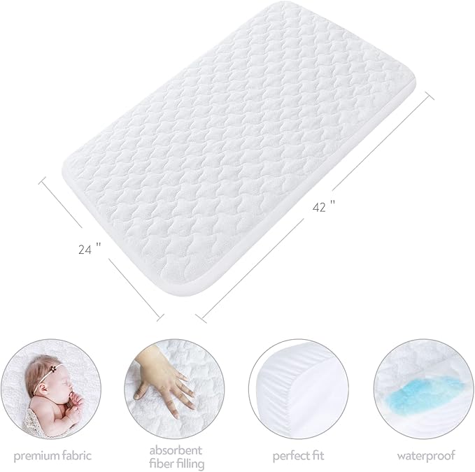 Waterproof Travel Crib Mattress Pad Cover 24" x 42", Fit for Guava Lotus, Dream On Me, UNiPLAY, 2 Pack Travel Crib Mattress Protector Sheets, Quilted Cotton Terry Surface