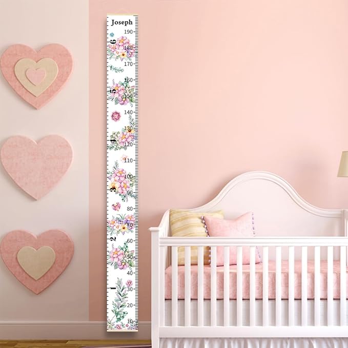 Wall Height Chart for Kids Personalized Name Custom Christmas Gift Baby Girls Flower Room Decor Wall Canvas Height Growth Measurement Ruler for Toddler Removable Wall Hanging Playroom Decoration