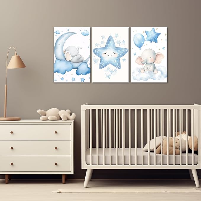 Nursery Wall Art Baby Boy Wall Decor Blue Elephant Moon and Stars Painting Prints Cute Animal Canvas Poster for Kids Room Decor Framed(Baby-2,16L x 24W x 3Pcs)