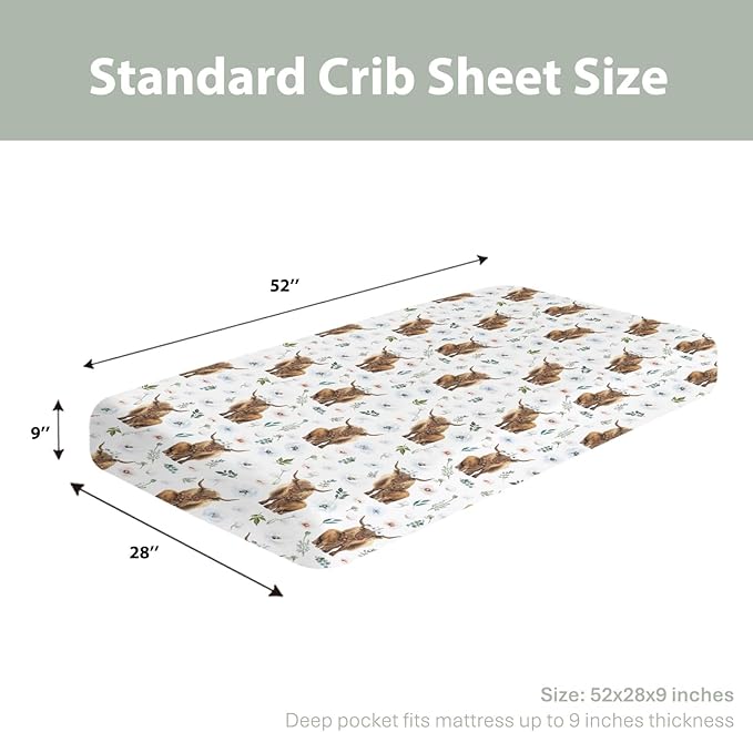 Boho Highland Cow Floral Baby Crib Sheets for Boy Girl 52"x28" Highland Yak Cattle Poppies Soft Snug Fitted Crib Mattress Cover Farmland Animal Baby Sheet for Standard Crib & Toddler Bed Mattress