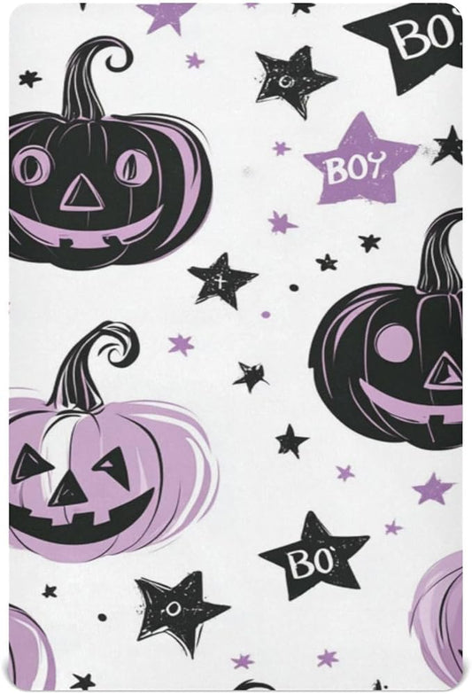 Halloween Spooky Pumpkins Purple Crib Sheets Standard Crib Toddler Mattresses Cover Fitted Baby Bed Sheet Breathable Crib Mattress Sheet for Girls Boys 52" x 28"x5''