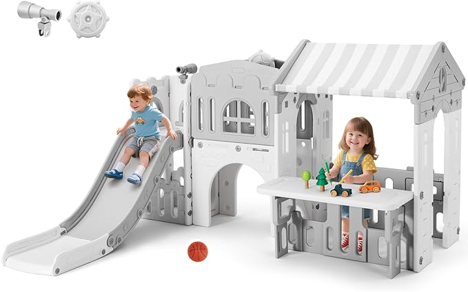 JOYLDIAS 9 in 1 Toddler Slide, Freestanding Kid Climber Slide Playset, Toddler Playhouse with Slide, Basketball Hoop and Climbing Frame, Indoor Outdoor Backyard Playground Toy for Toddlers Age 1-3+
