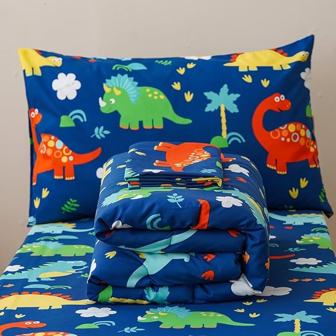 CLOTHKNOW Dinosaur Toddler Bedding Sets for Boys, 4 Pieces Bedding Sets Cartoon Cute Animal Pattern, Soft Crib Bed Set Including Comforter, Flat Sheet, Fitted Sheet and Pillowcase, Blue