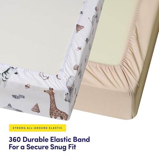 2 Pack Crib Sheets for Boys & Girls – Snug Full Elastic Fit for Standard Crib Mattresses (28″×52″) – Stylish Zoo Animals, Feathers & Arrowhead, Gingham & Petals, Watercolor Vines Prints, Zoo Animals