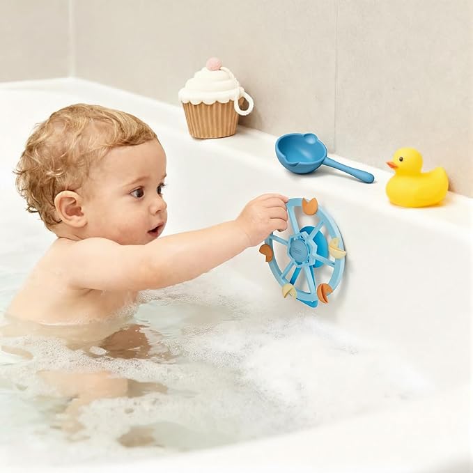 Bathtub Suction Spinner Toys - Silicone Bath & High Chair Ferris Wheel Shape Sensory Toy for Babies & Toddlers, Novelty Spinners with Suction Cup, Car Window Travel Toys（Blue）