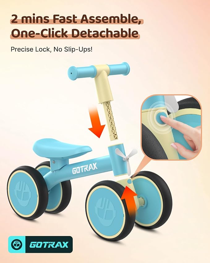 Gotrax Baby Balance Bike 1-2 Years, 7" Front & Rear Silent Wheels, Sturdy Steel Frame 66 lbs Load, Quick 2-Min Assembly, CPC Certified, Comfortable Soft Seat, Toddler Birthday Gift for Boys&Girls Blue