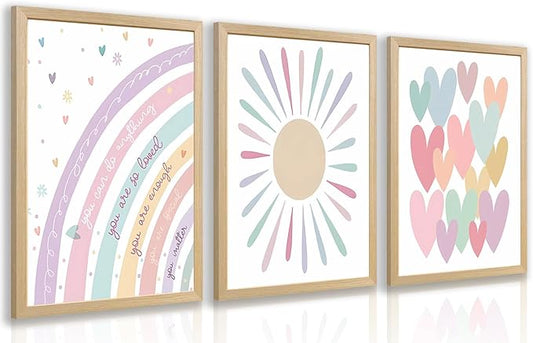 LLEEMPI Pink Heart Sun Rainbow Wall Art Set of 3, Baby Room Wall Decor, Boho Rainbow Nursery Canvas Painting, Classic Minimalist Poster Prints for Bedroom Bathroom Classroom Wood Framed 12x16 Inch
