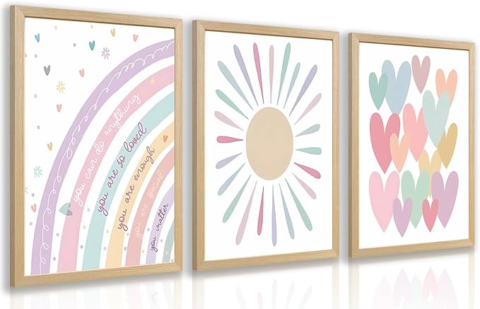 LLEEMPI Pink Heart Sun Rainbow Wall Art Set of 3, Baby Room Wall Decor, Boho Rainbow Nursery Canvas Painting, Classic Minimalist Poster Prints for Bedroom Bathroom Classroom Wood Framed 16x24 Inch