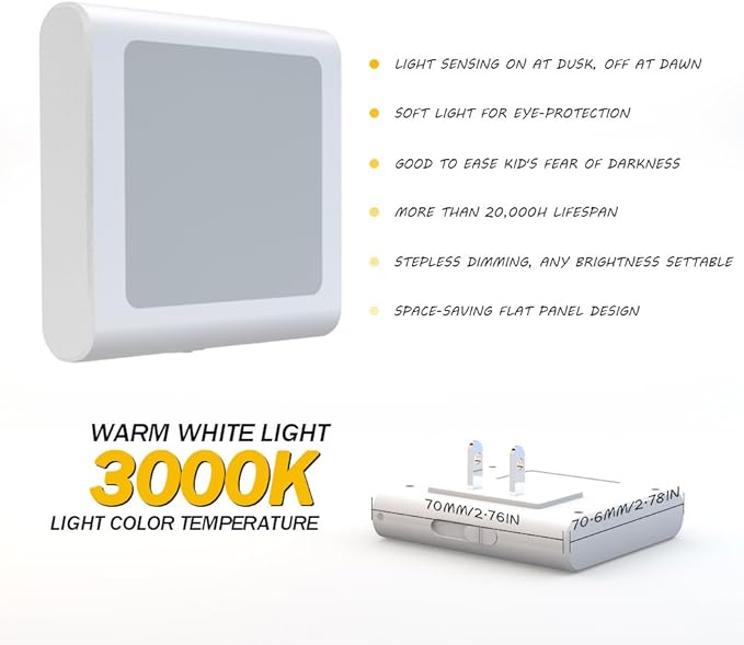 MAZ-TEK Plug-in Led Night Light with Auto Dusk to Dawn Sensor,Adjustable Brightness Warm White Lights for Hallway,Bedroom, Kids Room, Kitchen, Stairway, 2 Pack