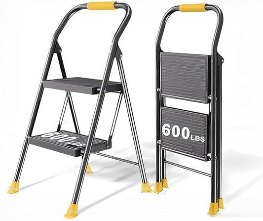 Foldable Step Ladder Folding Stool - 2 Stepping Extension Tall Heavy Duty with Handrails for Home Adults Kitchen - Extendable Stepladder Closet Stepstool Stair Ladders for Indoor House 600Lbs