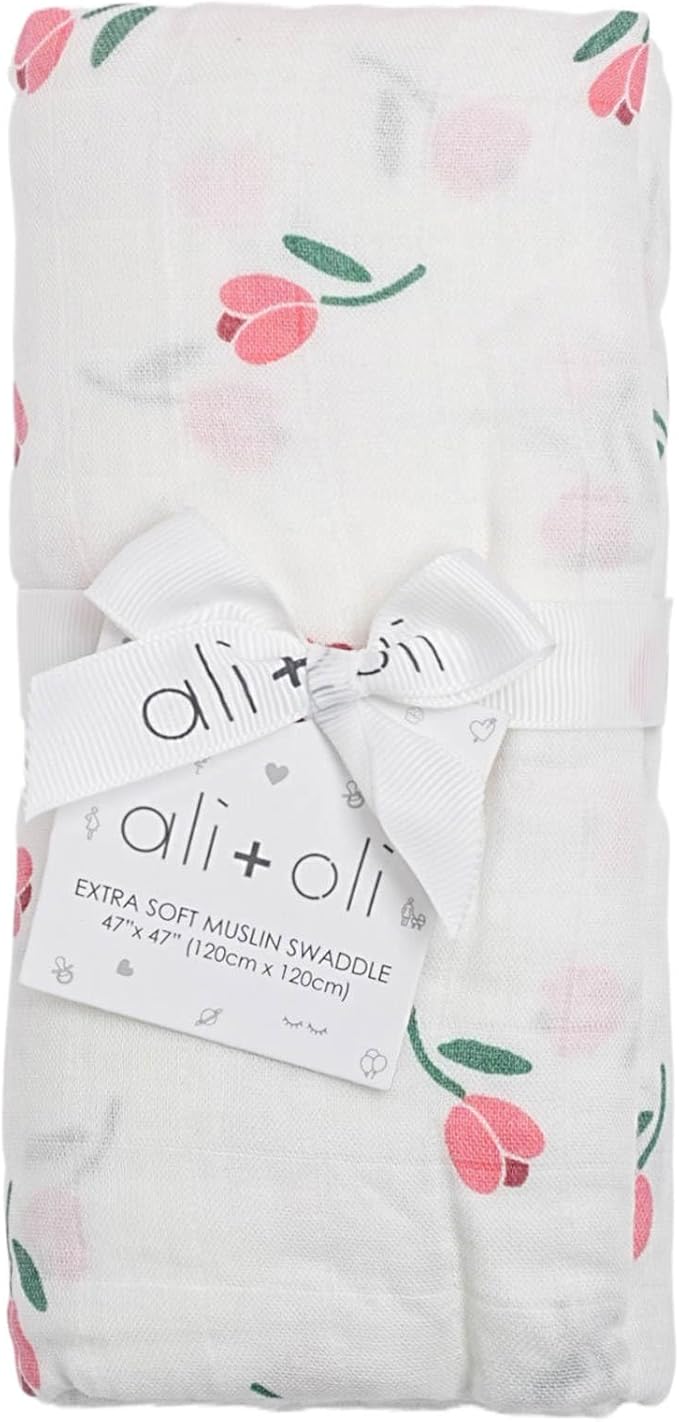 Ali+Oli Muslin Swaddle Blanket for Baby (Tulip) Large 47" x 47" Soft Rayon Made from Bamboo & Organic Cotton, Machine Washable Receiving Blanket Wrap for Newborn to Toddler