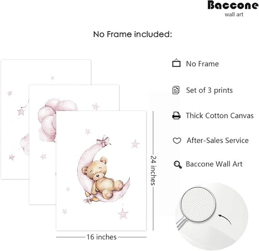 Bear Nursery Wall Art Decor Set of 3 Teddy Bear Wall Art Baby Girl Canvas Wall Decor Pink Pictures Balloon Nursery Children Prints Artwork Moon Star Cloud Art for Boys Room Bedroom 16x24 Inch Unframed