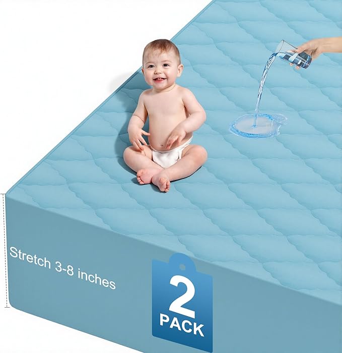 2Pack Waterproof Crib Sheets- Cotton 24X38 Fitted Crib Sheets Crib Mattress Protector Sheets,Soft Bed Sheets,Washable Little Bed Sheets,Neutral for Boy,Girl,Toddler (Blue, 24X38inch)