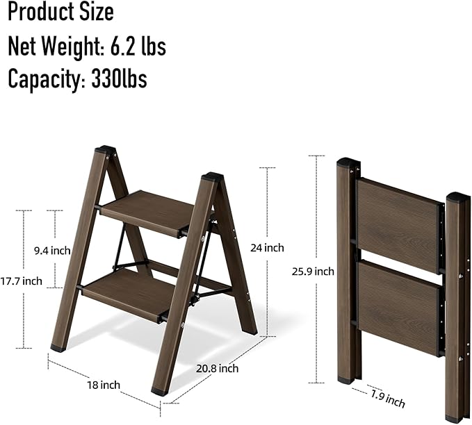 Mayi Plus 2 Step Ladder,Aluminum Folding Step Stool for Adults,Step Ladder with Wide Anti-Slip Pedal,330 lbs Capacity for Home,Office,Kitchen,Library(Walnut)