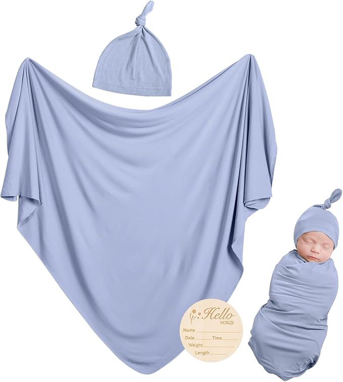 Rayon Made from Bamboo Newborn Swaddle Blanket Set with Matching Beanie, Super Soft Stretchy Baby Clothes Outfit for Girl Boy, Receiving Blankets Newborn Essentials, 47 x 47 Inch