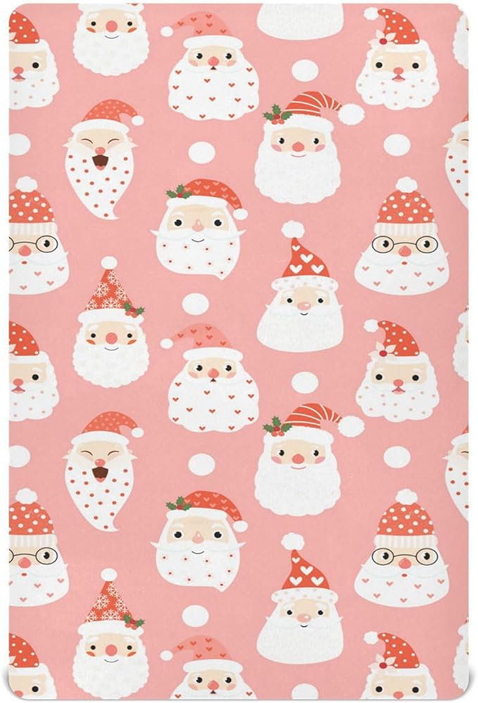 Santa Pink Christmas Crib Sheets Soft Breathable Fitted Baby Crib Sheets Mattress Cover for Girl Boys, 52" x 28" x 9"