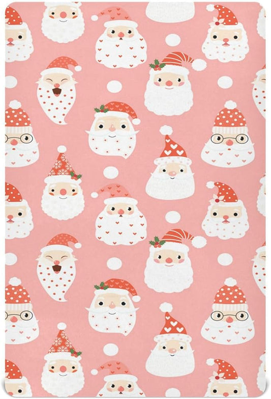 Santa Pink Christmas Crib Sheets Soft Breathable Fitted Baby Crib Sheets Mattress Cover for Girl Boys, 52" x 28" x 9"