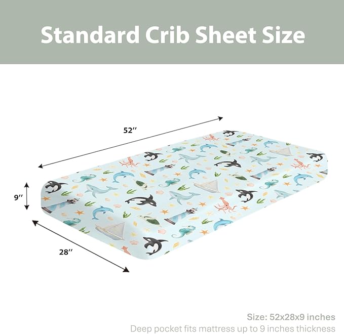 Colorful Ocean Animals Baby Crib Sheets for Boy Girl 28"x52" Sea Horse Whale Dolphin Turtle Lighthouse Soft Snug Fitted Crib Mattress Cover Nautical Baby Sheet for Standard Crib & Toddler Mattress