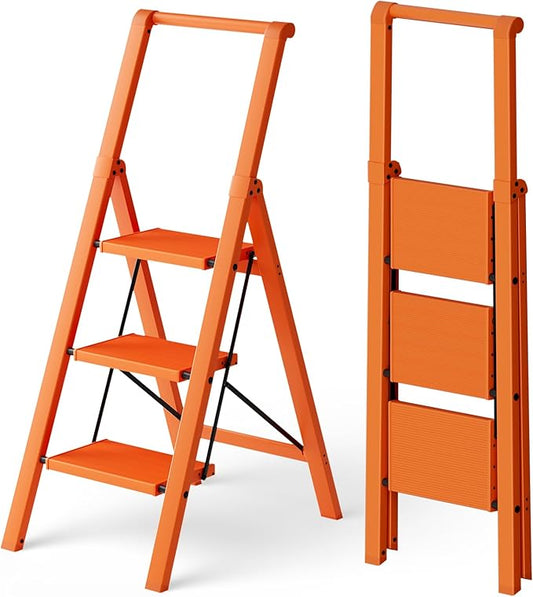 HillhutApex 3 Step Foldable Aluminum Step Ladder with Handgrip, Anti-Slip Pedal, 330 lbs Capacity, Lightweight & Portable for Home, Kitchen, Office, Garage (Orange)