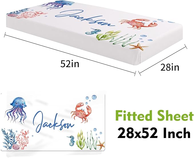 Personalized Baby Crib Bedding Set 2-Pcs, Custom Name Marine Animals Baby Bedding Set - Soft Double Layer Dotted Blanket and Fitted Sheet, Nursery Bedding for Newborn Boys Girls, Perfect Shower Gift