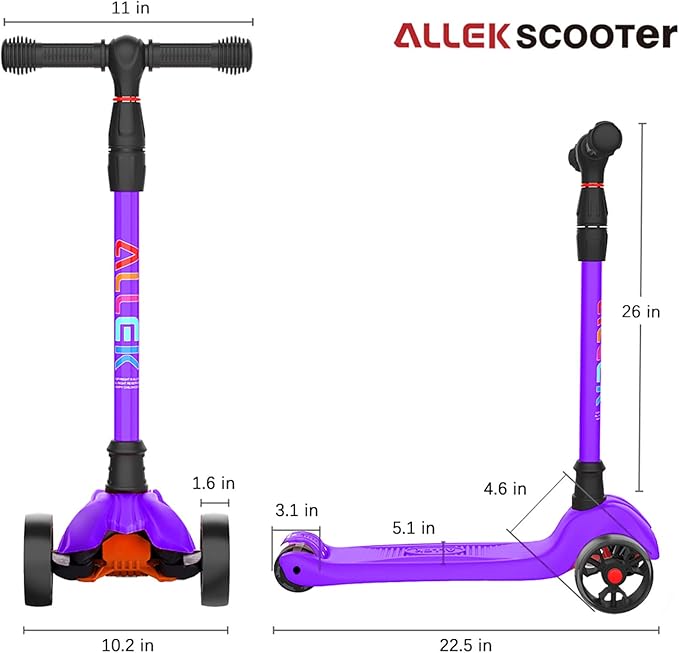 Allek Kick Scooter B02, Lean 'N Glide Scooter with Extra Wide PU Light-Up Wheels and 4 Adjustable Heights for Children from 3-12yrs (Purple)