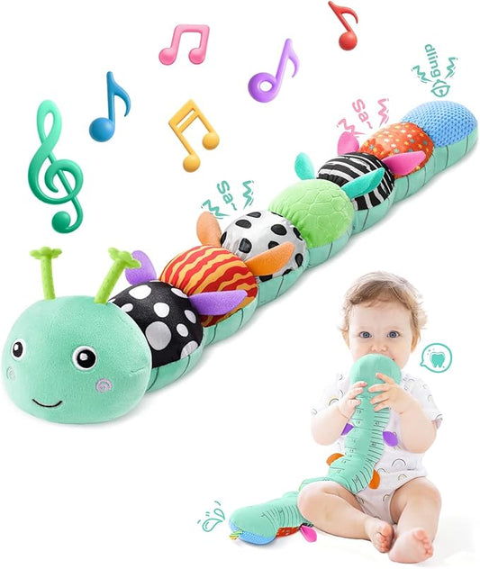 Baby Toys 6-12 Months Music Caterpillar,Stuffed Animals Infant Toys 0-3-6 Months,Baby Sensory Toys Tummy Time with Crinkle Rattle Teething Toys for Newborn Boys Girls Gifts Birthday|Ice Blue