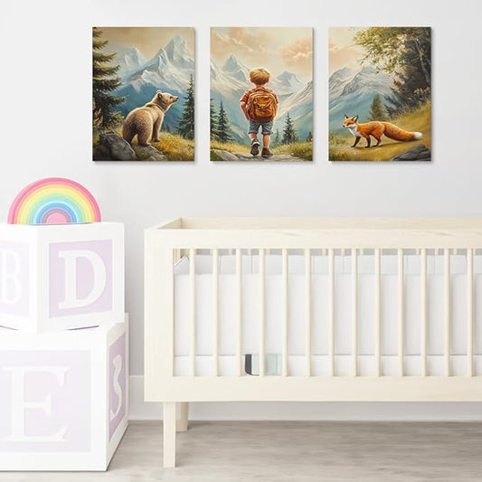 Explorers' Escape Framed Canvas Art Set of 3, Boy's Adventure with Bear & Fox Prints, Mountainous Landscape Kids Room Decor, Woodland Animal Wall Art for Children's Nursery, Framed 16"x24"