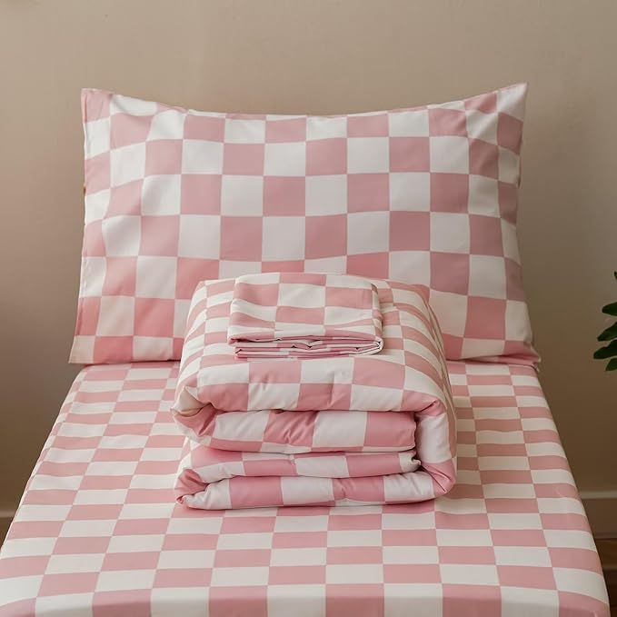 CLOTHKNOW Plaid Toddler Bedding Sets for Grils, 4 Pieces Pink White Grid Checkerboard Pattern, Soft Crib Bed Set Including Comforter, Flat Sheet, Fitted Sheet and Pillowcase, Pink White