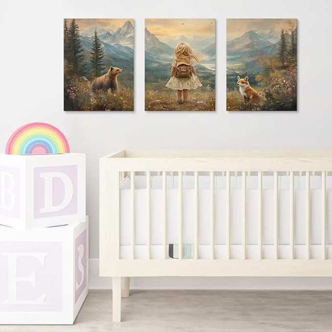 Girls' Adventure Nursery Decor, Set of 3 Framed Canvas Wall Art, Wilderness & Baby Animal Prints for Kids Room, Mountain Woodland Nursery Wall Art, Baby Girl's Nature Landscape Wall Decor, 16"x24"